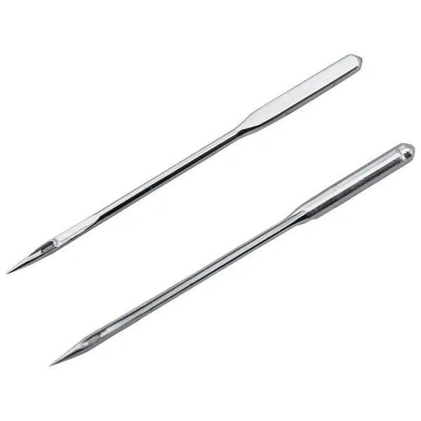 A pair of silver universal household sewing machine needles shown diagonally against a white background.