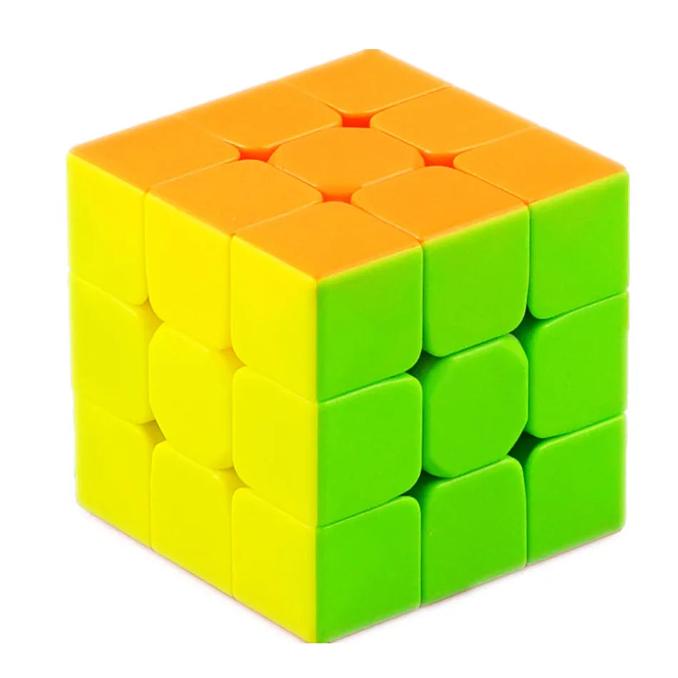 A bright orange and lime green 3x3 speed cube puzzle.
