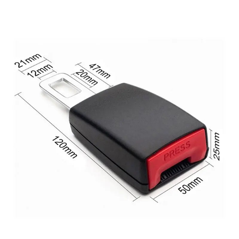 A black seat belt extender with a red press mechanism and metal buckle, shown with various dimension lines.
