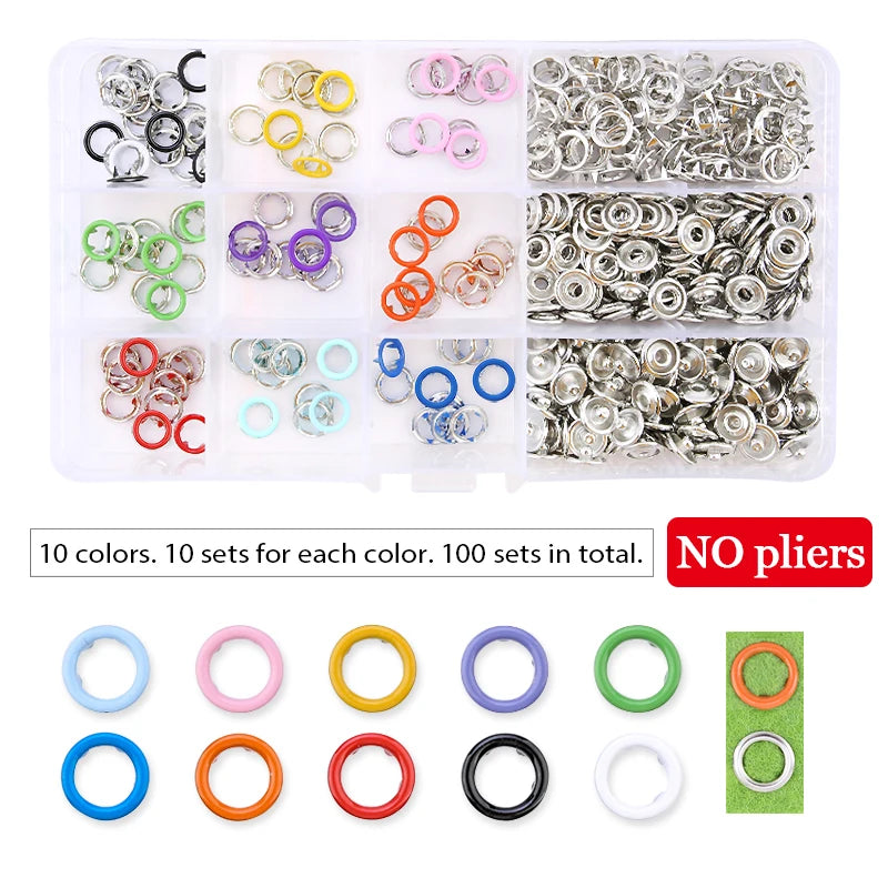 A set of metal snap fasteners in various colors and sizes packaged for crafting or jewelry making.