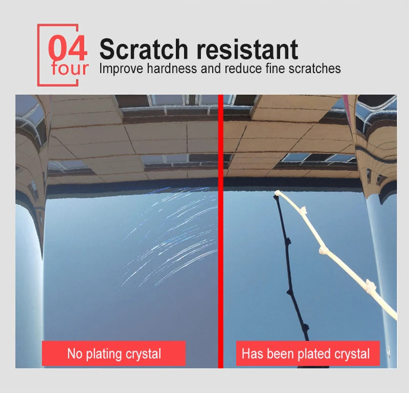 Comparison showing a surface without plating crystal versus one that has been plated crystal for scratch resistance.