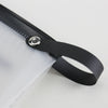 A black hanging hook attached to a clear toiletry bag.
