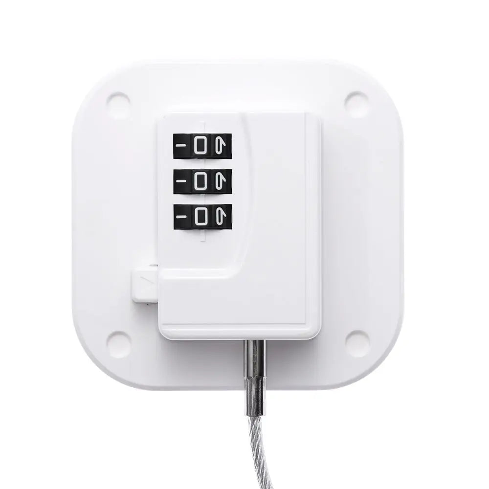 White child safety cabinet lock featuring a digital code entry panel and cable connection.