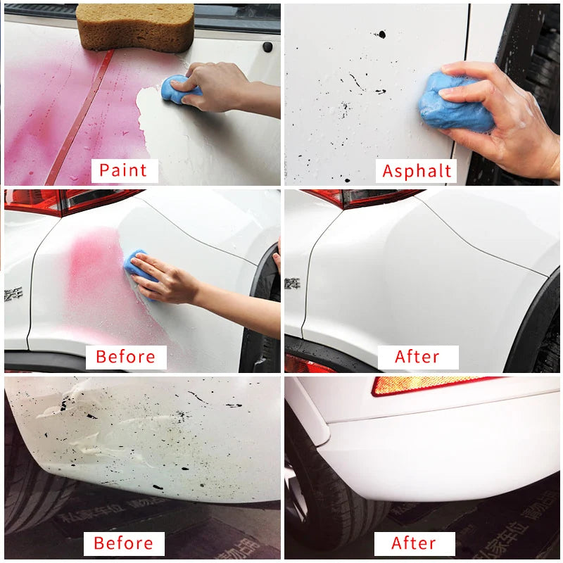 Before and after images showing paint decontamination using magic clay bars on a car surface.