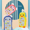 A set of colorful baby toy phones, including a pink and yellow phone, displayed on a light blue surface.