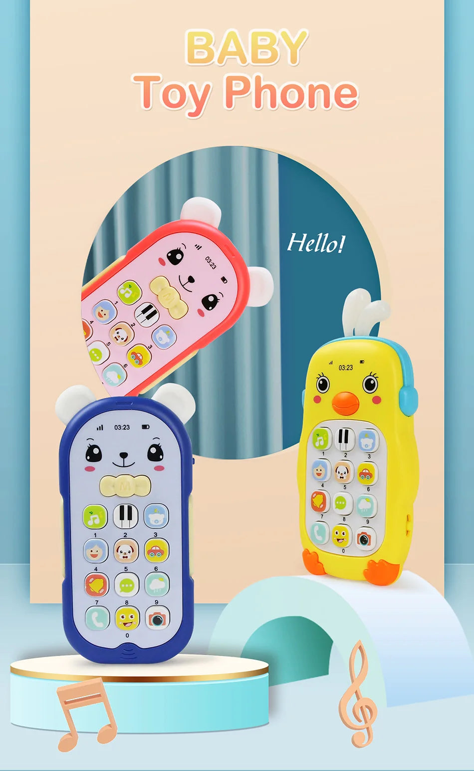 A set of colorful baby toy phones, including a pink and yellow phone, displayed on a light blue surface.