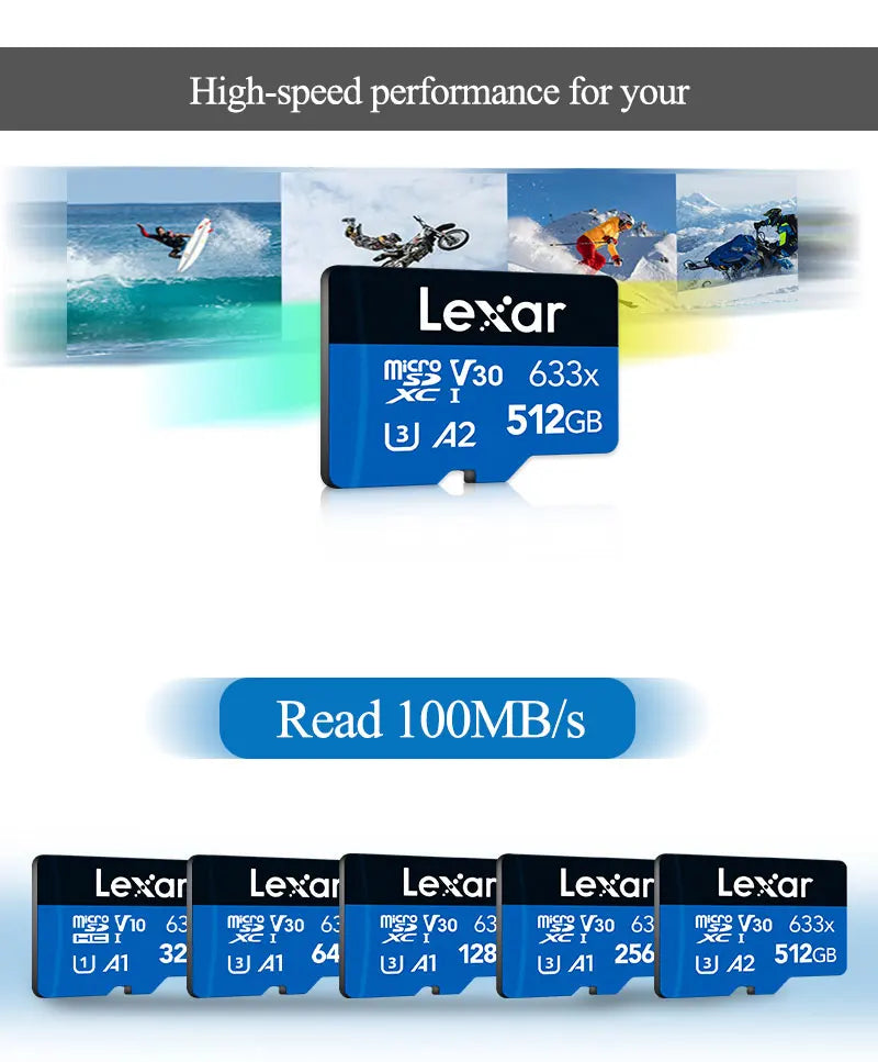 A series of Lexar microSD memory cards showing various capacities and models for high-speed performance.