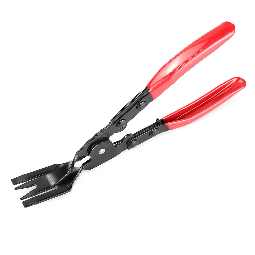 A pair of red and black trim clip removal pliers used for auto upholstery and panel work.