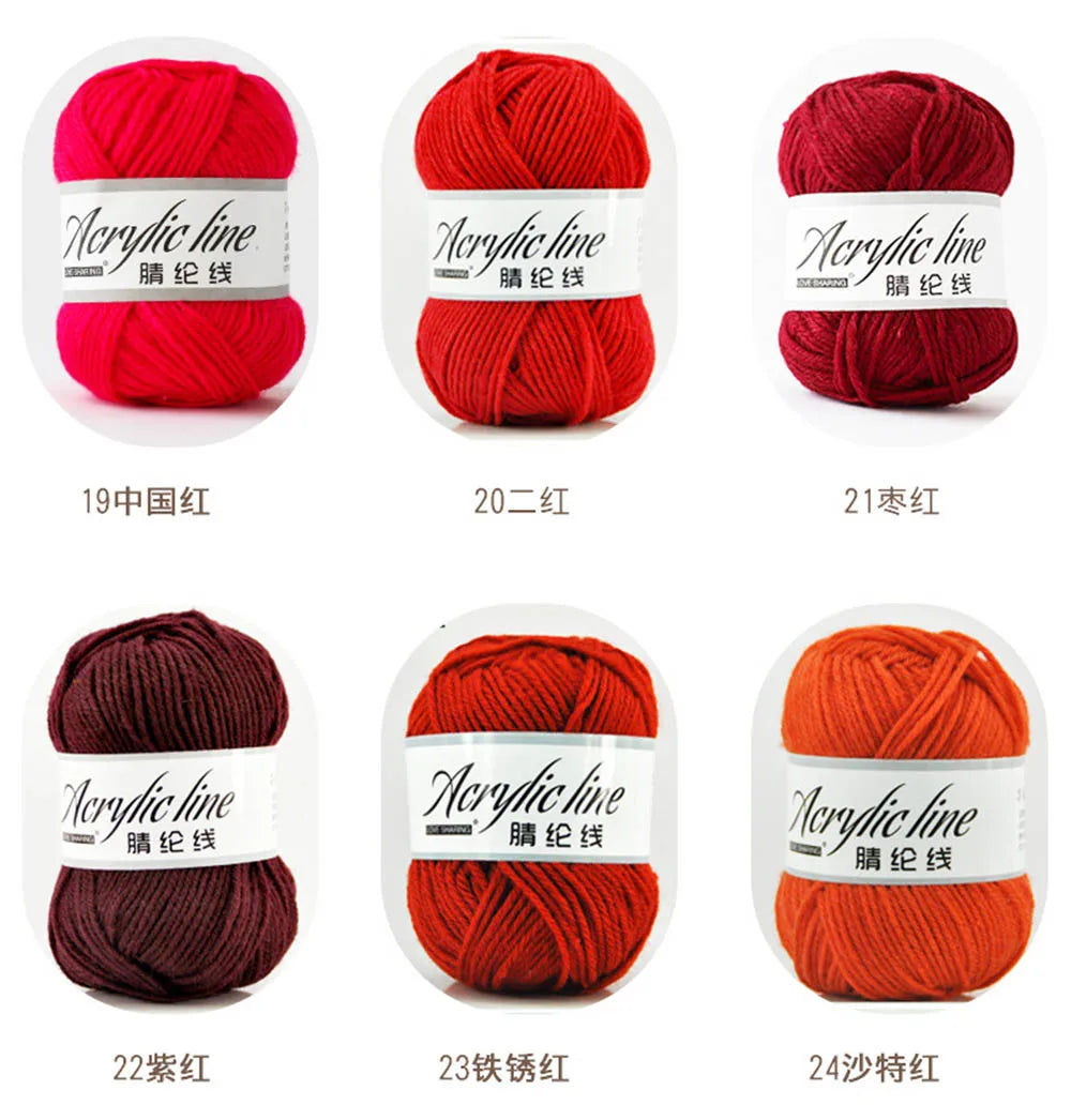 A set of red acrylic line yarn balls in various weights, including 19 to 24 skeins.