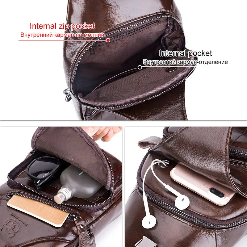 Close-up view of a brown genuine leather chest bag showing internal zip pockets and compartments.