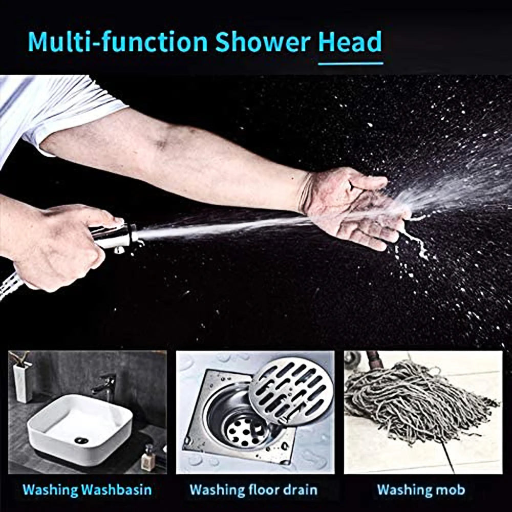 A hand is spraying water from a multi-function shower head onto a surface, demonstrating its use.