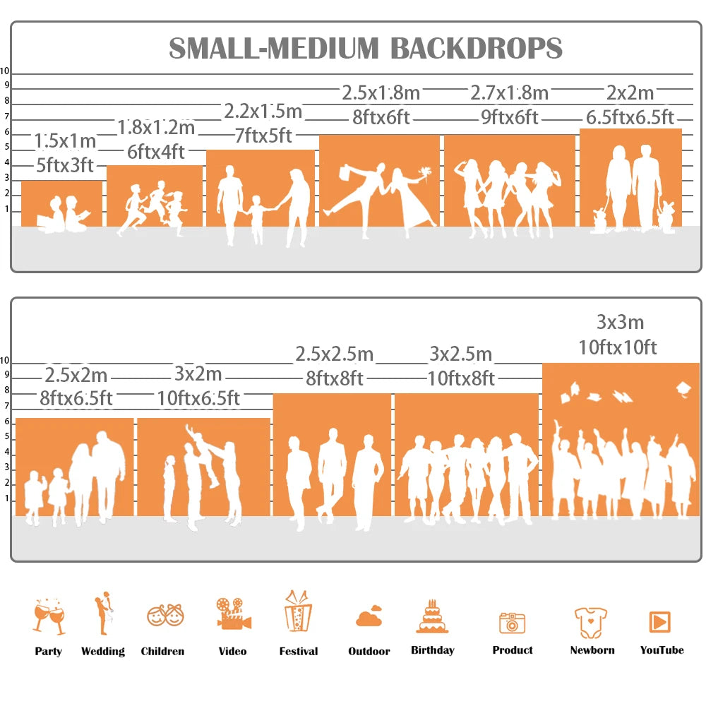 A collection of customizable photo backdrops featuring various sizes and themes for photography.