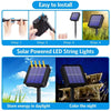 Installation steps and usage of solar-powered LED string lights for outdoor decoration.