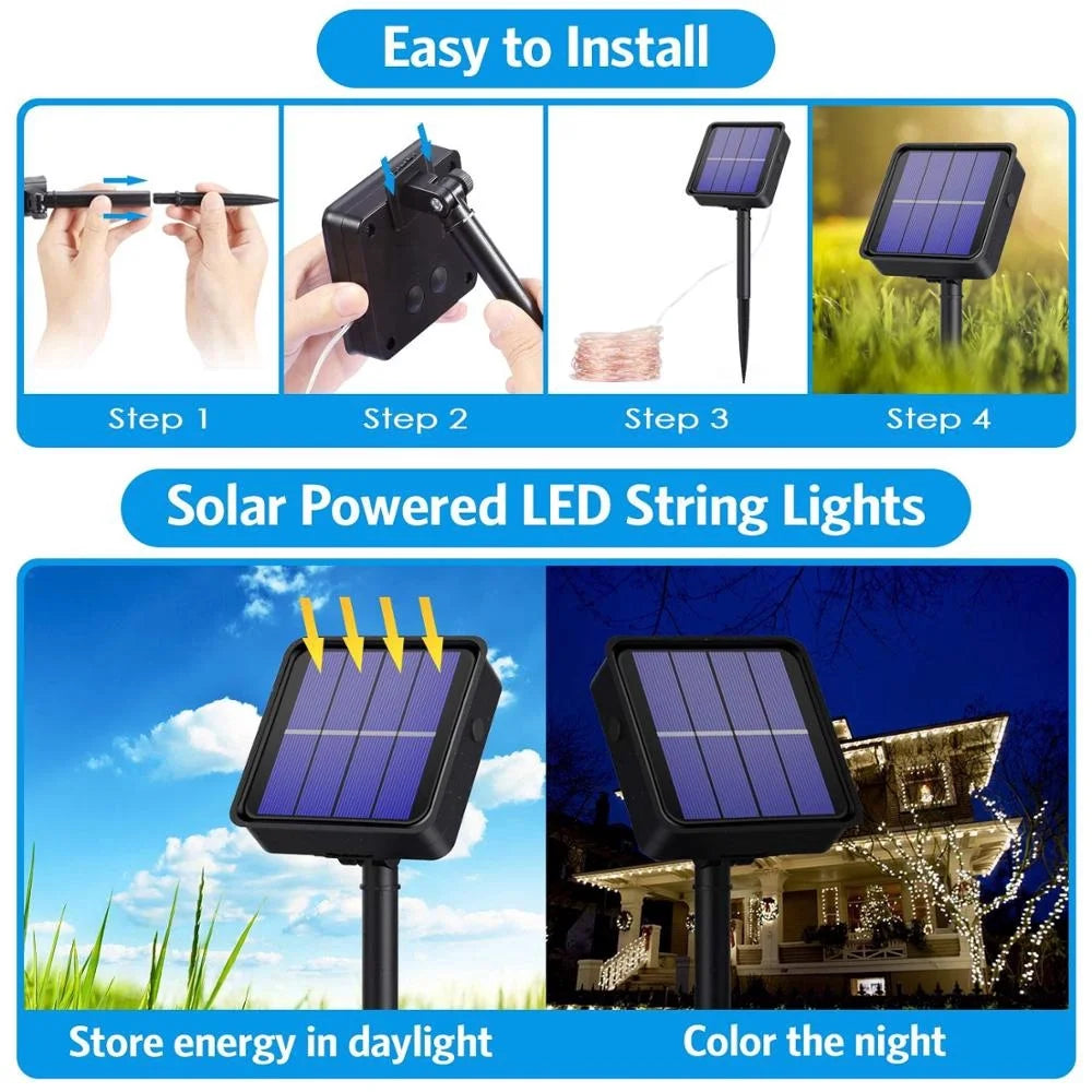 Installation steps and usage of solar-powered LED string lights for outdoor decoration.