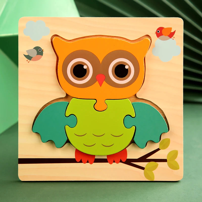 A wooden 3D owl animal puzzle set featuring orange and brown colors with small clouds surrounding the figure.