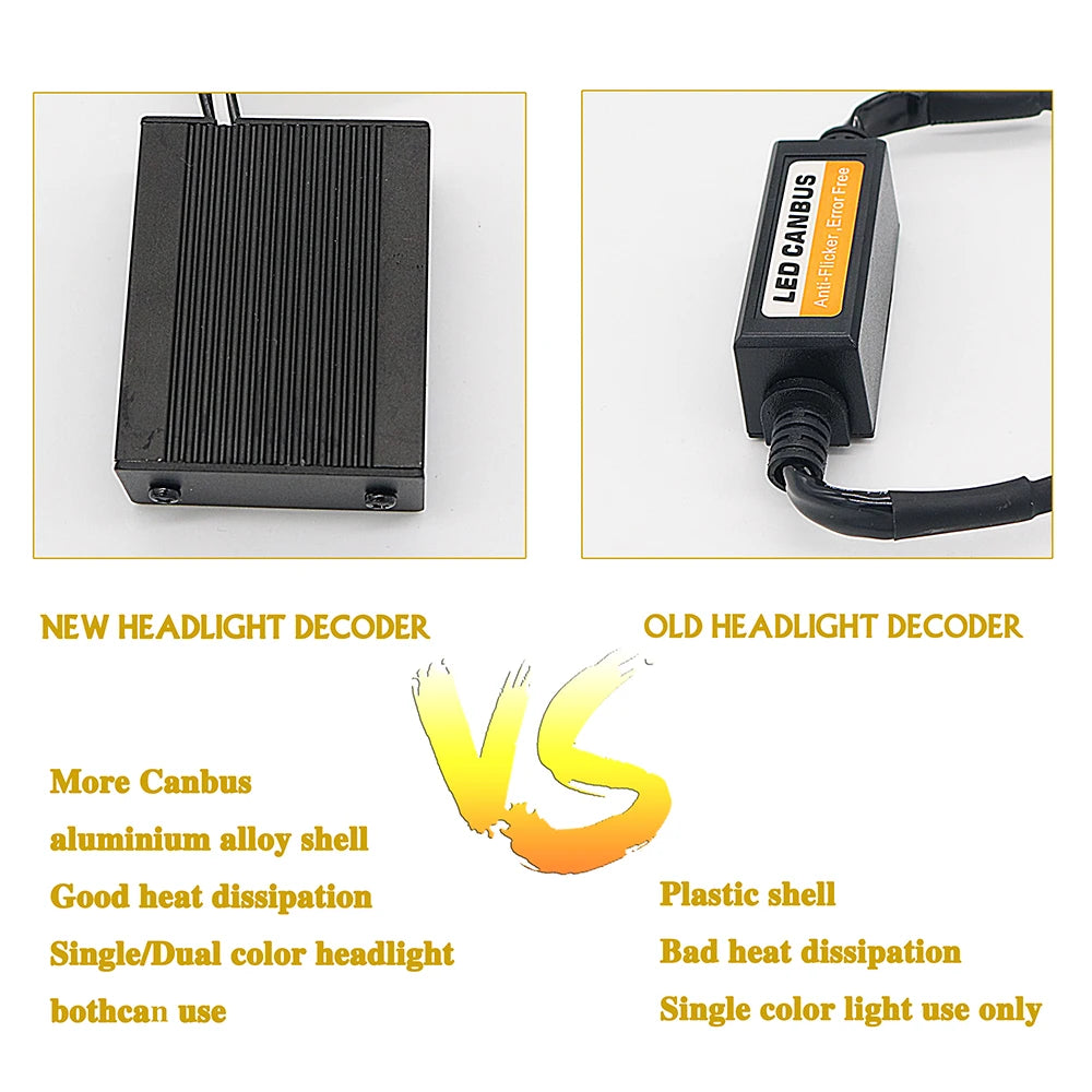 Comparison of a new aluminum alloy LED Canbus headlight decoder versus an old plastic headlight decoder.