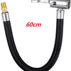 A flexible black hose with a brass fitting is shown, used for inflating tires.