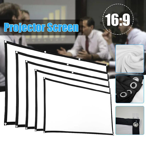 A set of black portable foldable projector screens stacked and displayed next to a white fabric swatch.