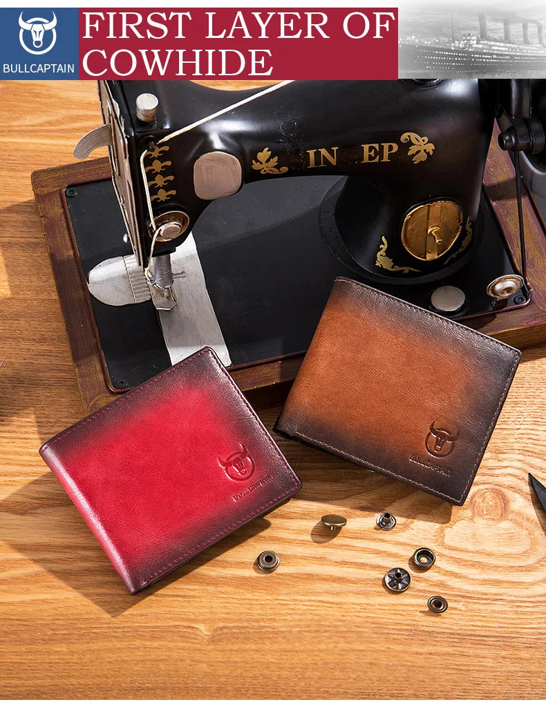 A close-up of a first layer of cowhide leather used in crafting, next to a red and brown genuine leather wallet.