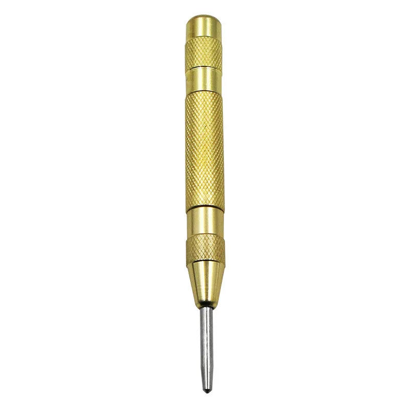 A gold-colored spring-loaded automatic center punch tool with a sharp point.