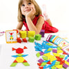 A young girl is looking at a wooden jigsaw puzzle set with various colored pieces spread out on a white surface.