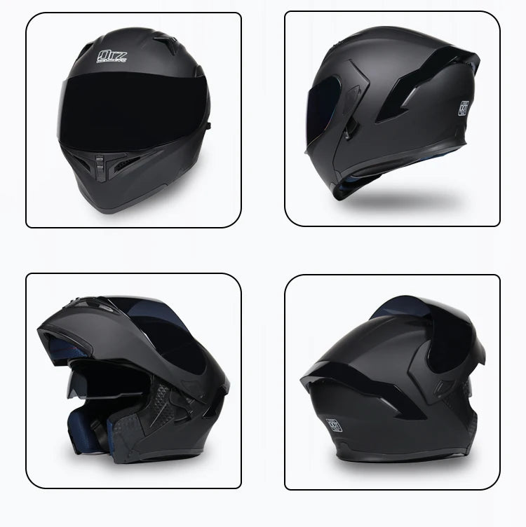 Four views of a black DOT-approved modular flip-up motorcycle helmet.