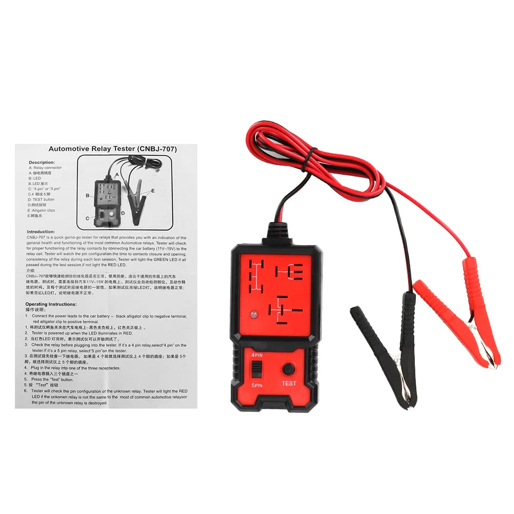 An automotive relay tester with LED indicators shown next to its wiring and components.