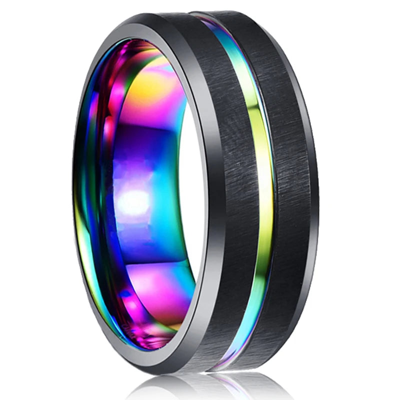 Men's Black Stainless Steel Wedding Band with Double Groove Detail