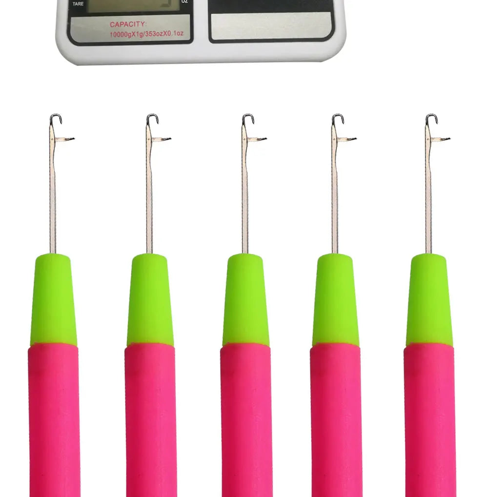 A set of five brightly colored crochet hooks or needles used for hair weaving and dreadlocks.