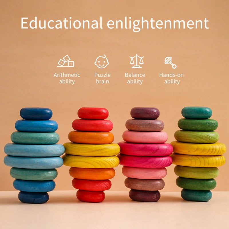 Wooden Rainbow Stacking Stones - Montessori Balancing Blocks for Kids