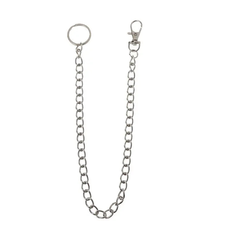 A 16-inch chrome steel punk chain belt accessory with a keyring.