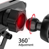 A black phone holder with a red lens and 360 degree adjustment capability.