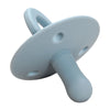 A light blue silicone baby pacifier soother with a rounded handle and a flat base.