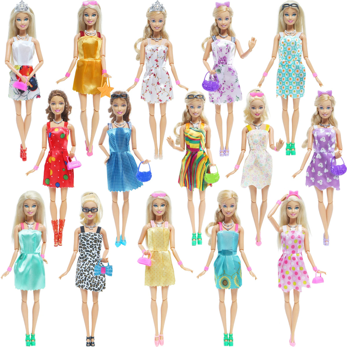 A collection of 12 female fashion dolls in various colorful outfits and accessories.