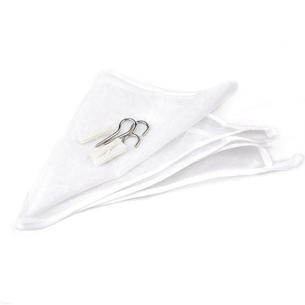 White fabric storage hammock for toys with silver screw hooks