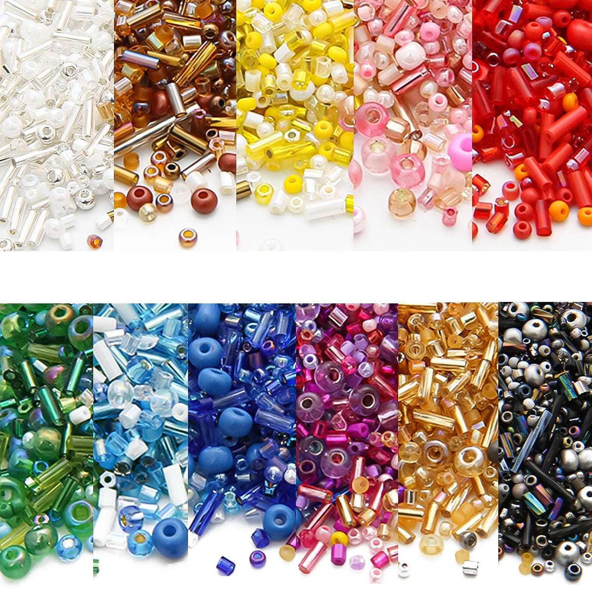 A collection of mixed glass seed beads in various colors including clear, amber, pink, purple, and red for jewelry making.
