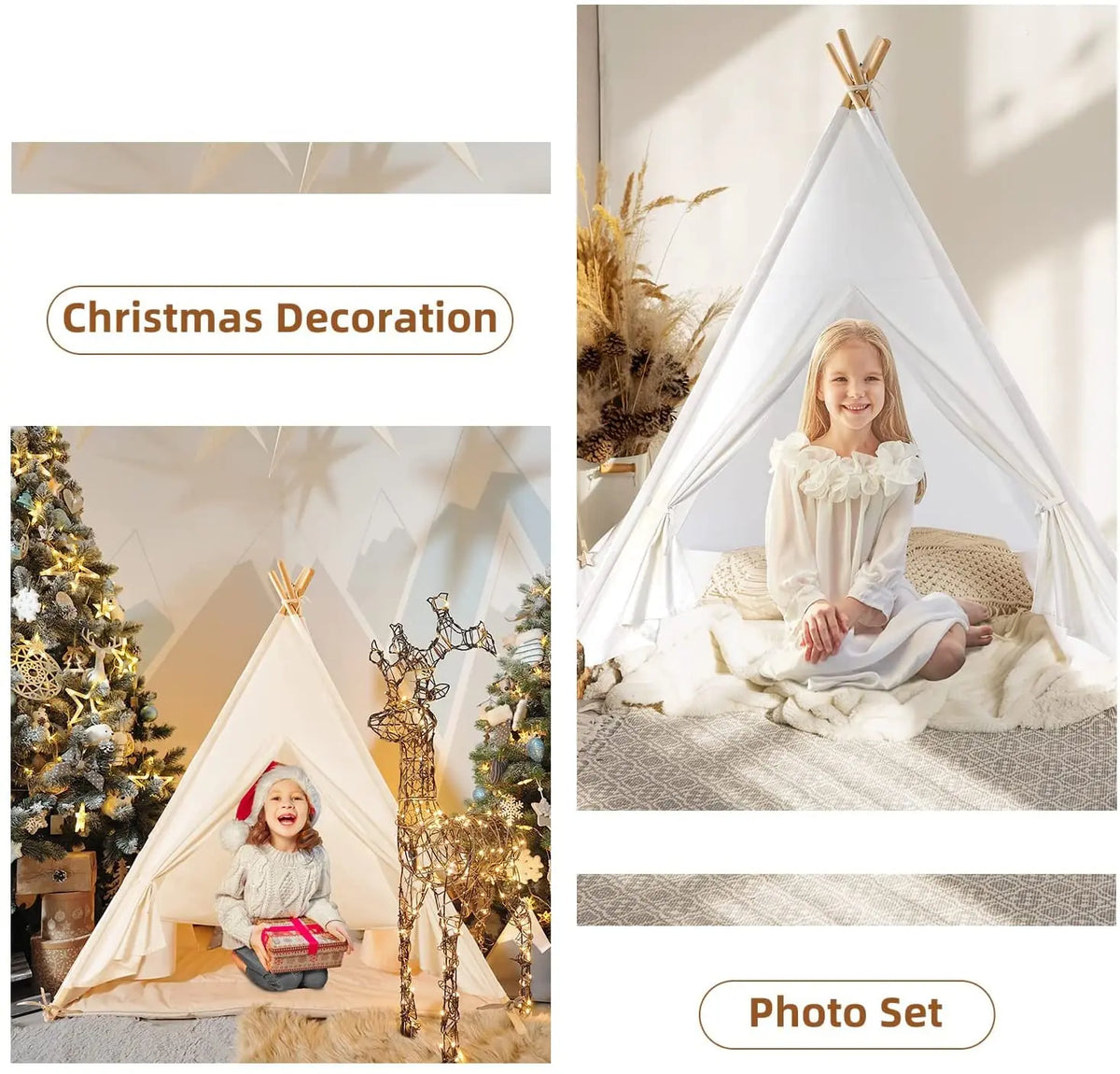 A girl sits inside a white fabric play tent with curtains, decorated for Christmas, surrounded by soft lighting and natural e