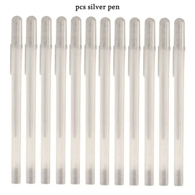 A set of silver pens is displayed, showing various sizes and styles.