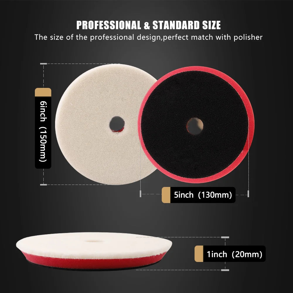Professional and standard size wool polishing pads shown with dimension labels.