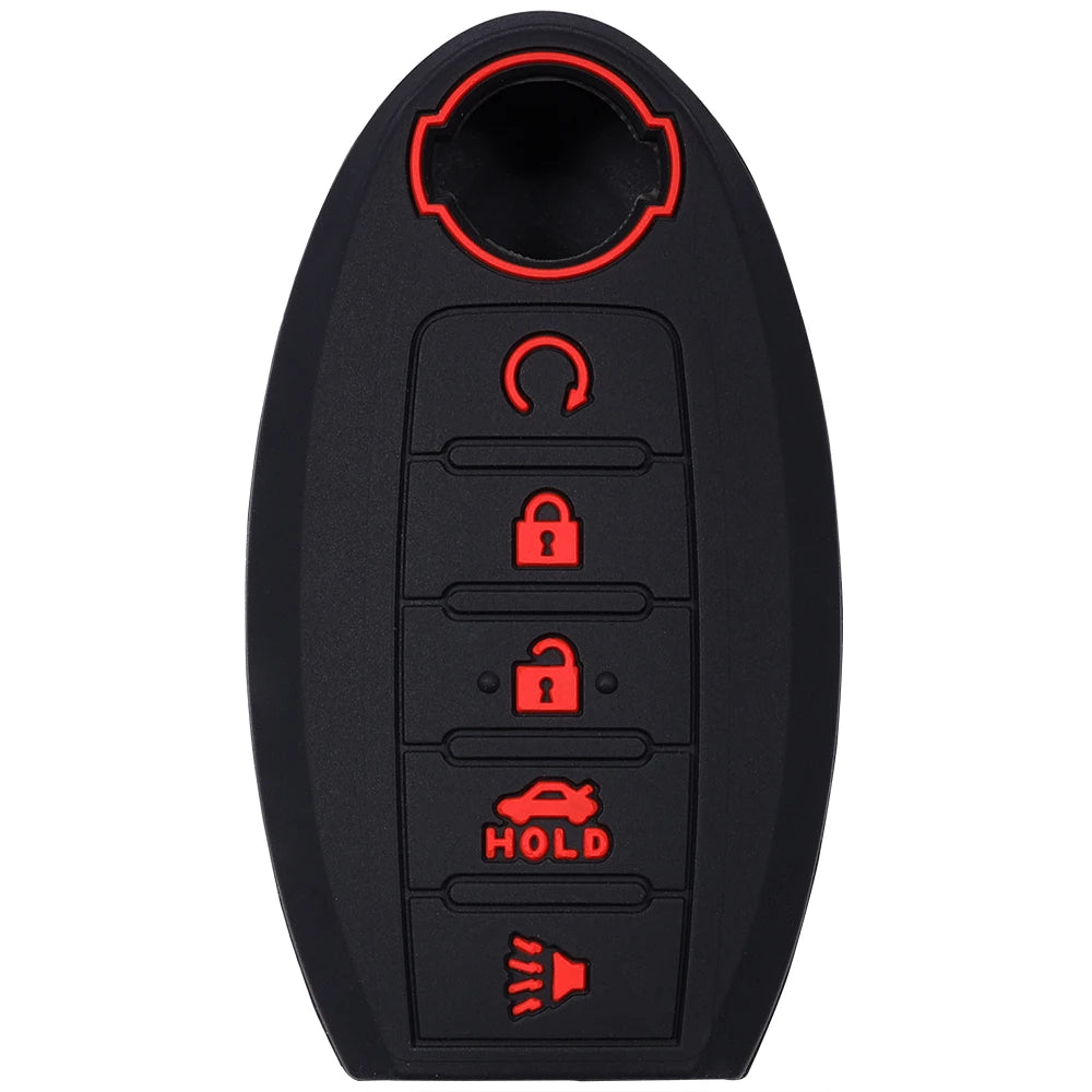 Black silicone key fob cover with red markings and buttons for Nissan vehicles