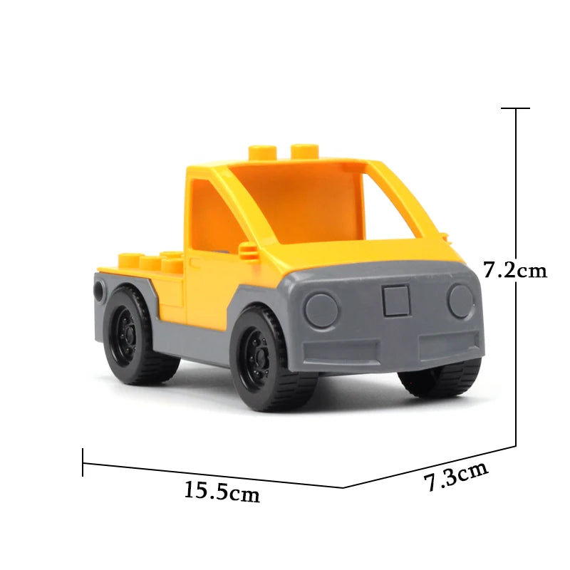A yellow city rescue vehicle building block set with traffic signs shown from the side.