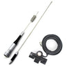 A dual band VHF/UHF mobile antenna with a flexible wire and mounting clamp.