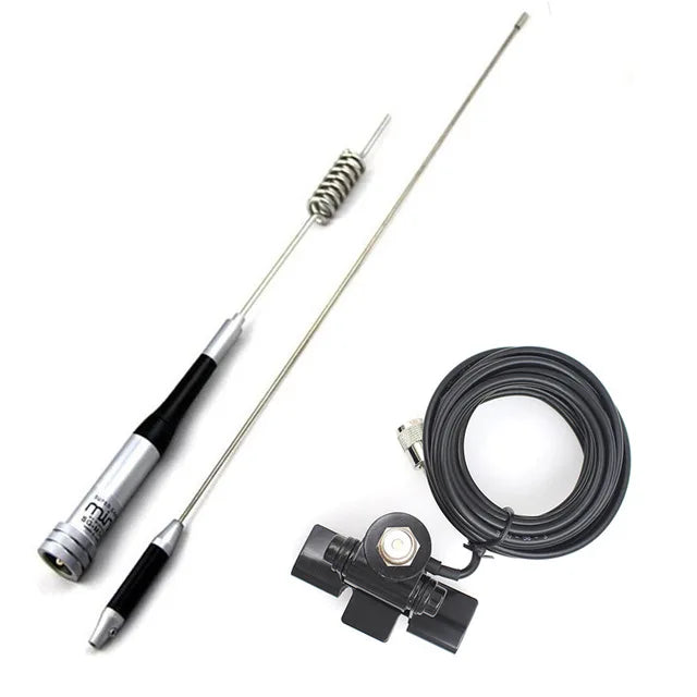A dual band VHF/UHF mobile antenna with a flexible wire and mounting clamp.