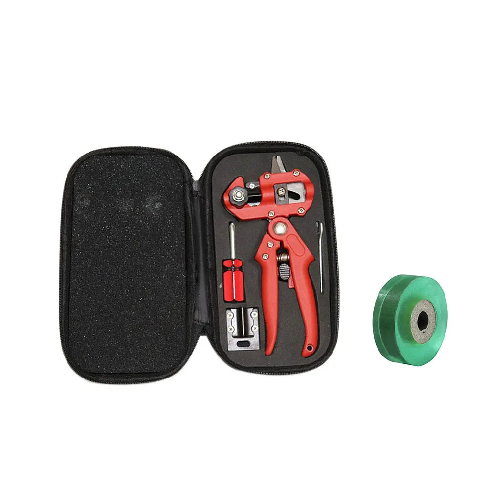 A black storage case containing a red 3-in-1 grafting pruner with replaceable blades and a green cutting wheel.