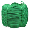 A coil of bright green heavy-duty polyethylene rope used for outdoor and utility purposes.