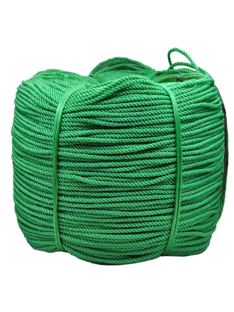 A coil of bright green heavy-duty polyethylene rope used for outdoor and utility purposes.