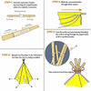 Instructions for assembling a foldable play tent using pine poles and fabric seams.