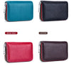 A collection of genuine leather card holders in blue, black, wine red, and orange colors.