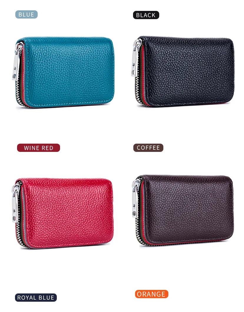 A collection of genuine leather card holders in blue, black, wine red, and orange colors.