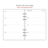 Two inner pages of a weekly plan notebook showing monthly layouts for Thursday through Wednesday.